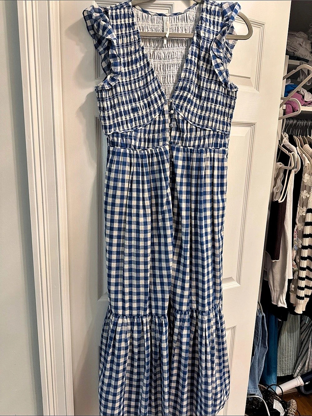 Anthropologie Gingham Maxi Dress in Blue & White Size Small